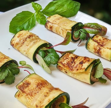 Zucchini Rollups with hazelnut butter, quinoa & herbs. Best personal chef Lake Oswego. Gluten-free