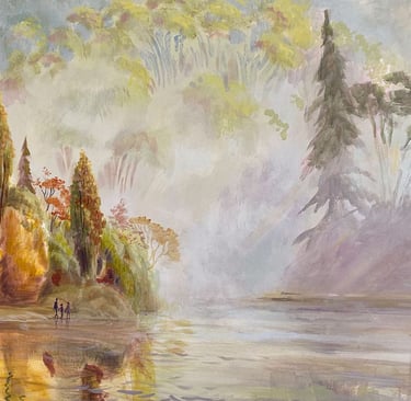  Close-up of a hydrotherapy mural depicting a forested lake in New Zealand with people walking.