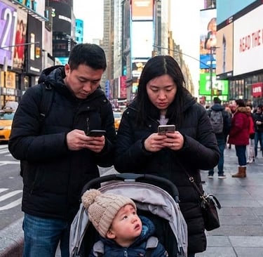 a man and woman looking at their cell phones