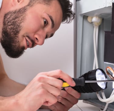 a man in a white shirt is looking at a computer screen