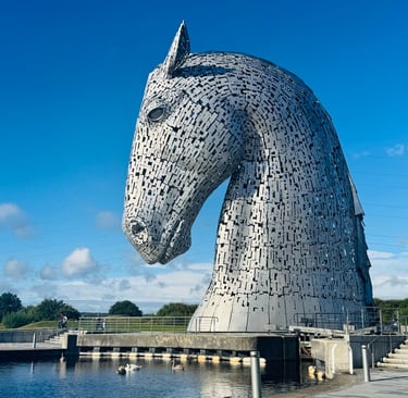 The Kelpies Horse statues. Duke looking down