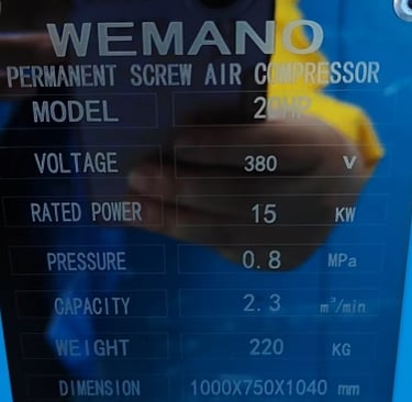 20HP Permanent Screw Air Compressor Nameplate| Wemano