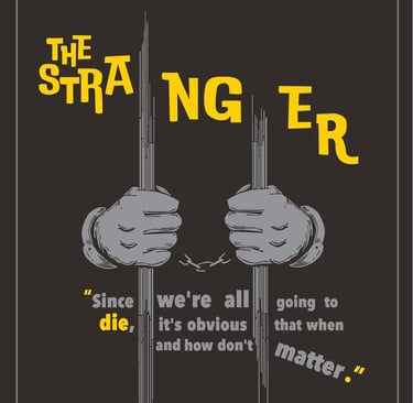A poster of novel The Stranger. The poster containts a man in chains behind bars.