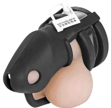 a picture of a black chastity cage with a on a clear background white tag that says keyholder