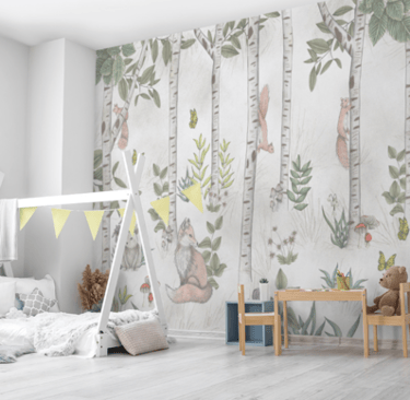 Kids Bedroom with a Woodland Creatures inside a Forest Wallpaper 