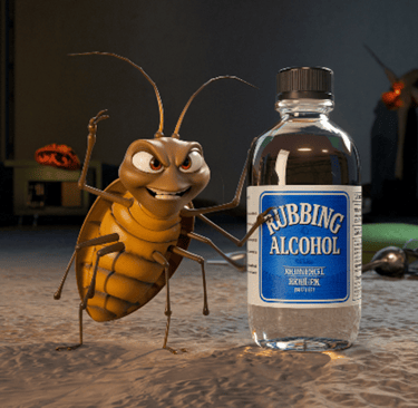 a bottle of rubbing alcohol next to a bed bug