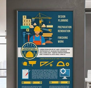 Informative construction and renovation services poster in large format.