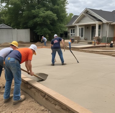 A friendly contractor smiling while discussing a concrete driveway plan with a homeowner in a cozy front yard.