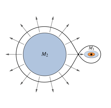 Sketch of high-mass X-ray binary (HMXB) with mass ratio M2/M1 = 10.