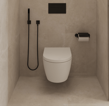 Wall-mounted toilet, bidet, and toilet paper holder in a beige bathroom.