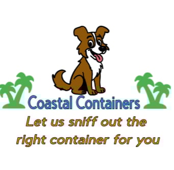 Coastal Containers logo with Scout the dog mascot. Tagline: Let us sniff out the right container