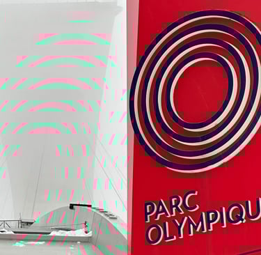 La Stade sign at Parc Olympique with Montreal tower poking through the fog behind