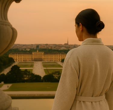 a woman in a robe standing in front of schönbrunn