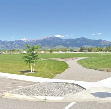 a van parked in a parking lot with mountains in the background