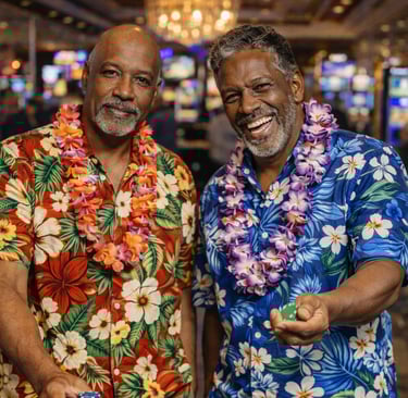 two black men in hawaiian shirt at a casino table