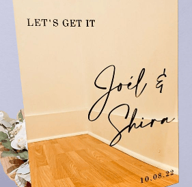 Chic gold acrylic wedding sign for Joël & Shira with date.