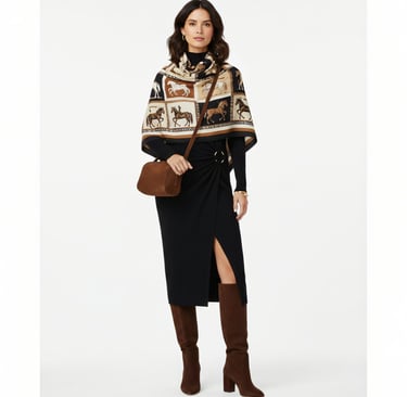 a woman in a midi dress, scarf and boots standing in front of a white background