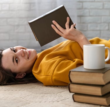Daily Habits women reading book, coffee