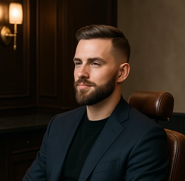 Homem elegante com cabelo degradê e barba perfeitamente aparada, sentado confortavelmente em uma cadeira de barbearia premium