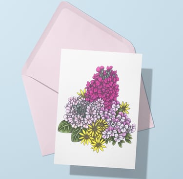 Greeting card featuring hand-drawn pink and yellow flowers with a pink envelope on a light blue background