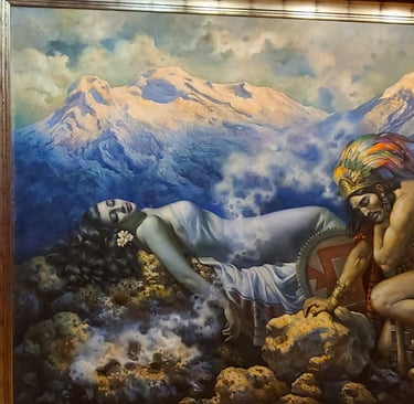 Painting featuring an indigenous mexican man and pale woman in front of a mountainous landscape