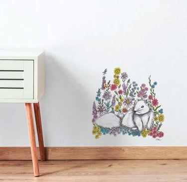 White wall with a hand-drawn squirrel illustration wall sticker