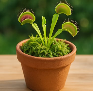 Muda de dionéia muscipula saudável em vaso com musgo, ideal para iniciantes que desejam cultivar