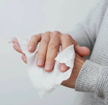 Cleaning a hand with a wet wipe