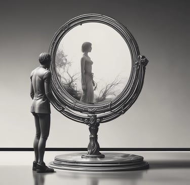 a woman standing in front of a mirror