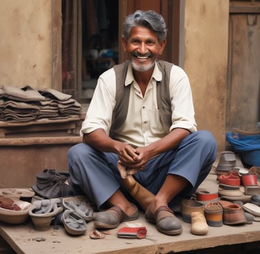 A man stands in a workshop holding a shoe in his hand. He wears a double-breasted suit and appears poised and confident. The room is filled with an array of shoes lined neatly along a table by the window, which lets in natural light. A large, artistic backdrop with a faint portrait adds depth to the space.