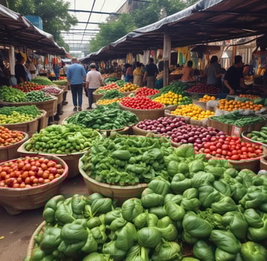 A vibrant marketplace featuring various Colombian products on display.