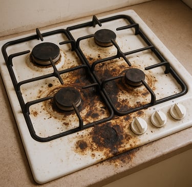Damaged gas cooktop with burnt stains, rust, and worn burner grates