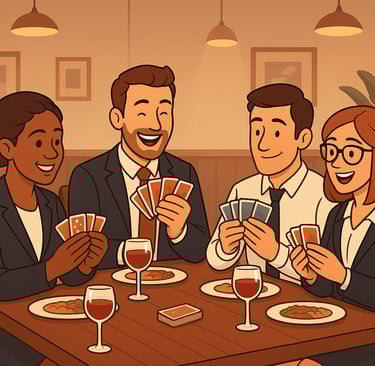 a group of people playing cards in a restaurant