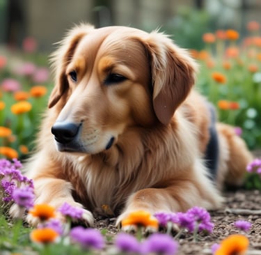 dog laying down in garden
