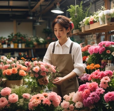 japanese florist taking stock of flowers