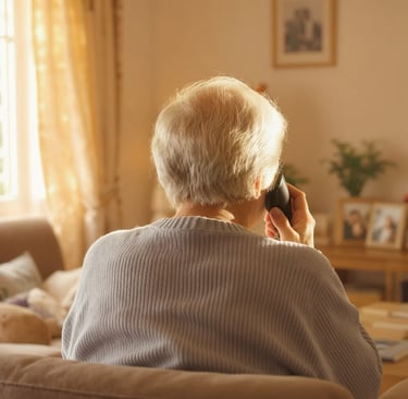 Warm, reassuring photo of a senior talking on the phone with their back turned towards the camera