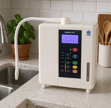 Enagic Leveluk SD501DX Kangen Water ionizer placed on a countertop featuring enhanced LCD display