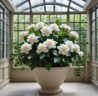 gardenia flowers displayed in conservatory