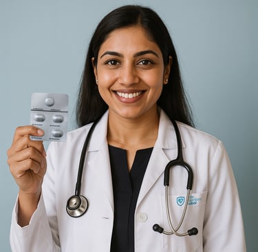 Dr. Divya smiling in a white coat, holding abortion pills