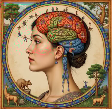 Colorful artistic brain illustration representing spiritual wellness, mindfulness,  natural healing