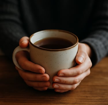 Hands holding a warm mug of coffee on a wooden table, symbolizing a pause and inward reflection.