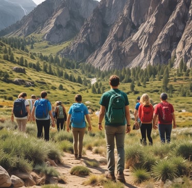 a teacher with a group of students hiking through the mountains in nature