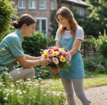 woman giving birthday flowers to girl