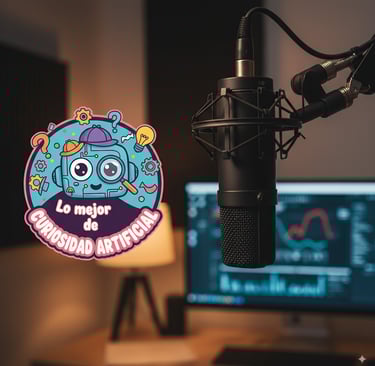 Micrófono de estudio de grabación y un logo divertido para "Lo Mejor de Curiosidad Artificial".