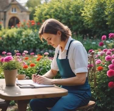 woman writing in the garden