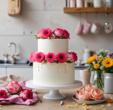 two tier white cake and deep pink flowers