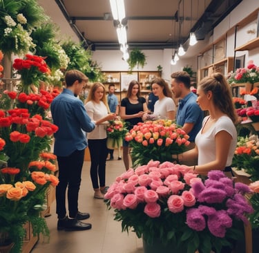 inside a luxury florist with staff and customers chatting
