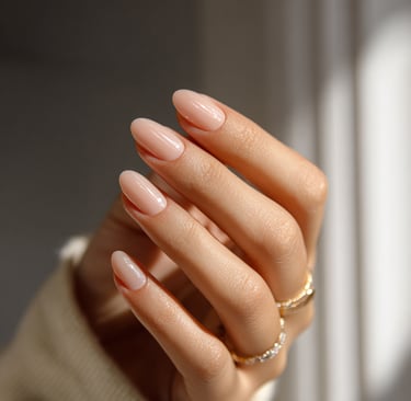 Glossy nude almond nails with clean girl aesthetic and minimal jewelry