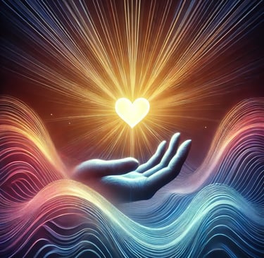 a person holding a heart shaped object with rays of light in their hands