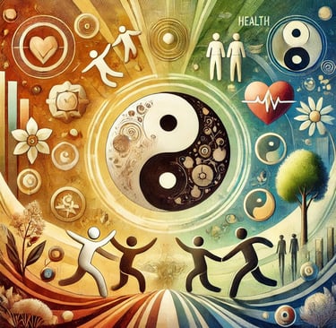 a painting of a ying yang symbol surrounded by human figures, hearts and flowers
